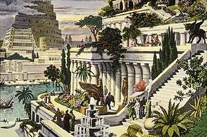 یک نقاشی از باغهای معلق بابل (و آسمان خراش بابل در دورنمای تصویر) که در قرن شانزدهم میلادی به تصویر کشیده شده‌است.